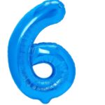 Balon din Folie Metalizata Embo, Figurina Cifra, Tema Aniversare 40 cm, Ambalaj Individual, Pai inclus, Umflare cu Aer sau Heliu, Albastru, Cifra 6