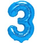 Balon din Folie Metalizata Embo, Figurina Cifra, Tema Aniversare 40 cm, Ambalaj Individual, Pai inclus, Umflare cu Aer sau Heliu, Albastru, Cifra 3