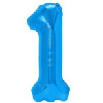 Balon din Folie Metalizata Embo, Figurina Cifra, Tema Aniversare 40 cm, Ambalaj Individual, Pai inclus, Umflare cu Aer sau Heliu, Albastru, Cifra 1