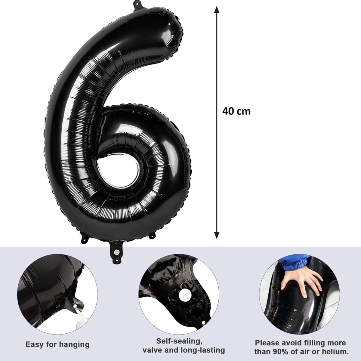 Balon din Folie Metalizata Embo, Figurina Cifra, Tema Aniversare 40 cm, Ambalaj Individual, Pai inclus, Umflare cu Aer sau Heliu, Negru, Cifra 6 - imagine 2