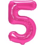 Balon din Folie Metalizata Embo, Figurina Cifra, Tema Aniversare 40 cm, Ambalaj Individual, Pai inclus, Umflare cu Aer sau Heliu, Roz, Cifra 5