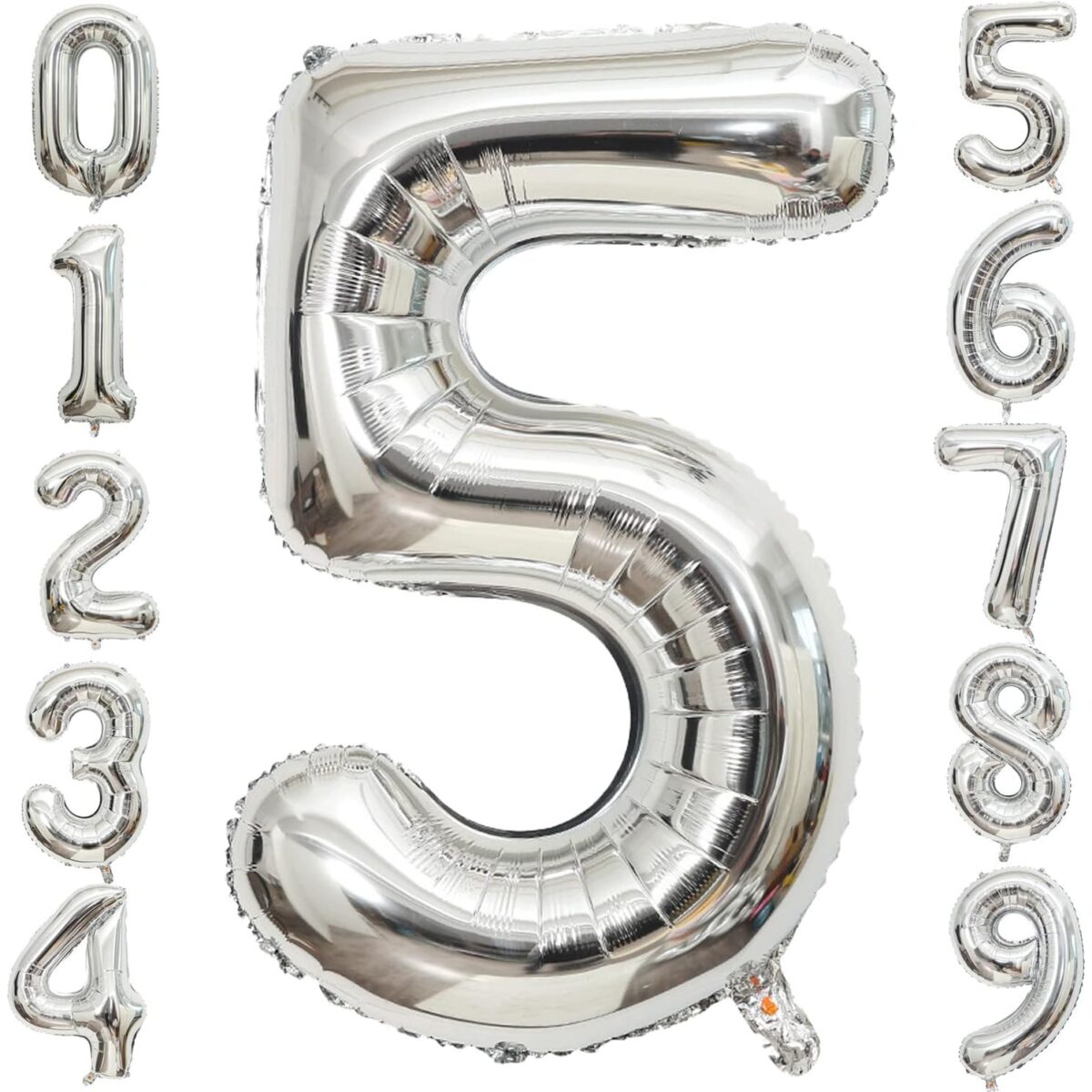 Balon din Folie Metalizata Embo, Figurina Cifra, Tema Aniversare 40 cm, Ambalaj Individual, Pai inclus, Umflare cu Aer sau Heliu, Argintiu, Cifra 5 - imagine 7