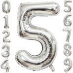 Balon din Folie Metalizata Embo, Figurina Cifra, Tema Aniversare 40 cm, Ambalaj Individual, Pai inclus, Umflare cu Aer sau Heliu, Argintiu, Cifra 5 - imagine 7