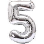 Balon din Folie Metalizata Embo, Figurina Cifra, Tema Aniversare 40 cm, Ambalaj Individual, Pai inclus, Umflare cu Aer sau Heliu, Argintiu, Cifra 5