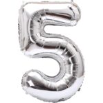 Balon din Folie Metalizata Embo, Figurina Cifra, Tema Aniversare 40 cm, Ambalaj Individual, Pai inclus, Umflare cu Aer sau Heliu, Argintiu, Cifra 5