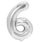 Balon din Folie Metalizata Embo, Figurina Cifra, Tema Aniversare 40 cm, Ambalaj Individual, Pai inclus, Umflare cu Aer sau Heliu, Argintiu, Cifra 6