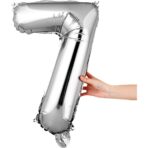 Balon din Folie Metalizata Embo, Figurina Cifra, Tema Aniversare 40 cm, Ambalaj Individual, Pai inclus, Umflare cu Aer sau Heliu, Argintiu, Cifra 7 - imagine 5