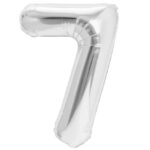 Balon din Folie Metalizata Embo, Figurina Cifra, Tema Aniversare 40 cm, Ambalaj Individual, Pai inclus, Umflare cu Aer sau Heliu, Argintiu, Cifra 7