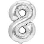 Balon din Folie Metalizata Embo, Figurina Cifra, Tema Aniversare 40 cm, Ambalaj Individual, Pai inclus, Umflare cu Aer sau Heliu, Argintiu, Cifra 8