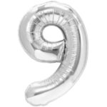 Balon din Folie Metalizata Embo, Figurina Cifra, Tema Aniversare 40 cm, Ambalaj Individual, Pai inclus, Umflare cu Aer sau Heliu, Argintiu, Cifra 9