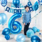 Balon din Folie Metalizata Embo, Figurina Cifra, Tema Aniversare 80 cm, Ambalaj Individual, Pai inclus, Umflare cu Aer sau Heliu, Albastru, Cifra 6 - imagine 4