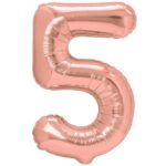 Balon din Folie Metalizata Embo, Figurina Cifra, Tema Aniversare 80 cm, Ambalaj Individual, Pai inclus, Umflare cu Aer sau Heliu, Rose, Cifra 5
