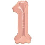 Balon din Folie Metalizata Embo, Figurina Cifra, Tema Aniversare 80 cm, Ambalaj Individual, Pai inclus, Umflare cu Aer sau Heliu, Rose, Cifra 1