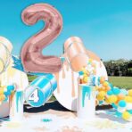 Balon din Folie Metalizata Embo, Figurina Cifra, Tema Aniversare 80 cm, Ambalaj Individual, Pai inclus, Umflare cu Aer sau Heliu, Rose, Cifra 2 - imagine 3