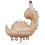 Balon din Folie Metalizata, Embo, Figurina Animata, Model Dinozaur Happy Birthday, 80 x 77 cm, Ambalaj Individual, Pai Inclus, Umflare cu Aer sau Heliu, Maro - imagine 2