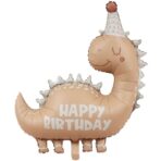 Balon din Folie Metalizata, Embo, Figurina Animata, Model Dinozaur Happy Birthday, 80 x 77 cm, Ambalaj Individual, Pai Inclus, Umflare cu Aer sau Heliu, Maro