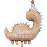 Balon din Folie Metalizata, Embo, Figurina Animata, Model Dinozaur Happy Birthday, 80 x 77 cm, Ambalaj Individual, Pai Inclus, Umflare cu Aer sau Heliu, Maro