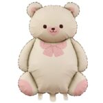 Balon din Folie Metalizata, Embo, Figurina Animata, Model Ursulet, 89 x 65 cm, Ambalaj Individual, Pai Inclus, Umflare cu Aer sau Heliu, Bej Sampanie