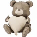 Balon din Folie Metalizata, Embo, Figurina Animata, Model Ursulet cu Inima, 65 x 65 cm, Ambalaj Individual, Pai Inclus, Umflare cu Aer sau Heliu, Maro