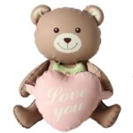 Balon din Folie Metalizata, Embo, Figurina Animata, Model Ursulet cu Inimioare, 105.5 x 66.5 cm, Ambalaj Individual, Pai Inclus, Umflare cu Aer sau Heliu, Maro