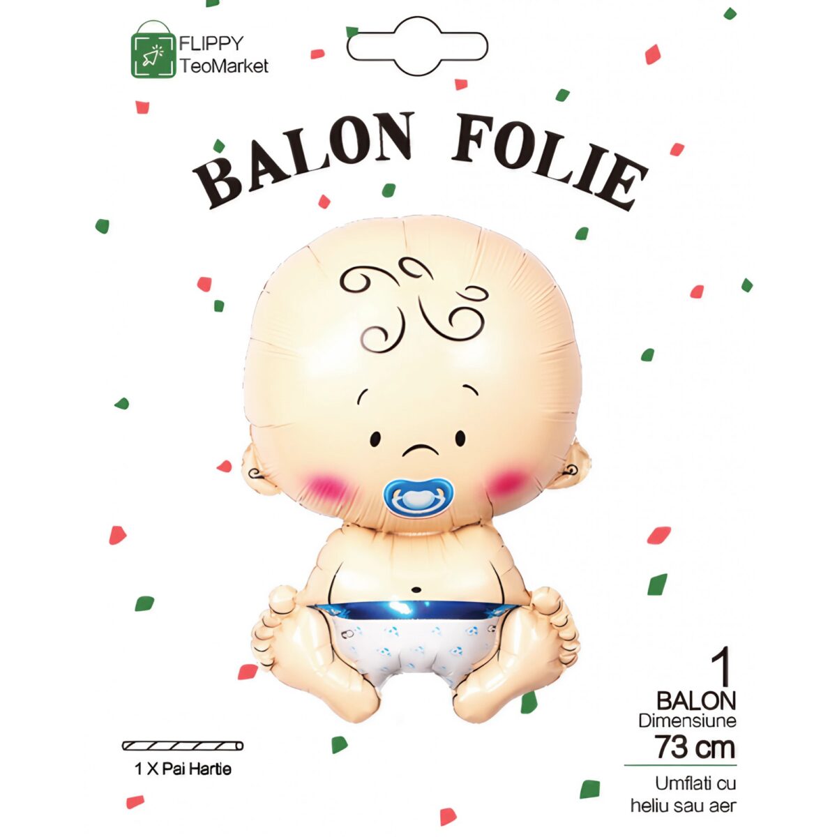 Balon din Folie Metalizata, Embo, Figurina Baietel, Tema Botez, 73x48 cm, Ambalaj Individual, Pai Inclus, Umflare cu Aer sau Heliu, Albastru - imagine 10