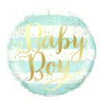 Balon din Folie Metalizata, Embo, Figurina Cerc, Model Baby Boy, Tematica Gender Reveal, 45 cm, Ambalaj Individual, Pai Inclus, Umflare cu Aer sau Heliu, Albastru
