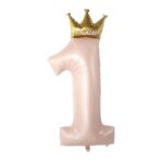 Balon din Folie Metalizata, Embo, Figurina Cifra 1, Model Coroana Printesa, 91 cm, Ambalaj Individual, Pai inclus, Umflare cu Aer sau Heliu, Roz