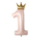 Balon din Folie Metalizata, Embo, Figurina Cifra 1, Model Coroana Printesa, 91 cm, Ambalaj Individual, Pai inclus, Umflare cu Aer sau Heliu, Roz