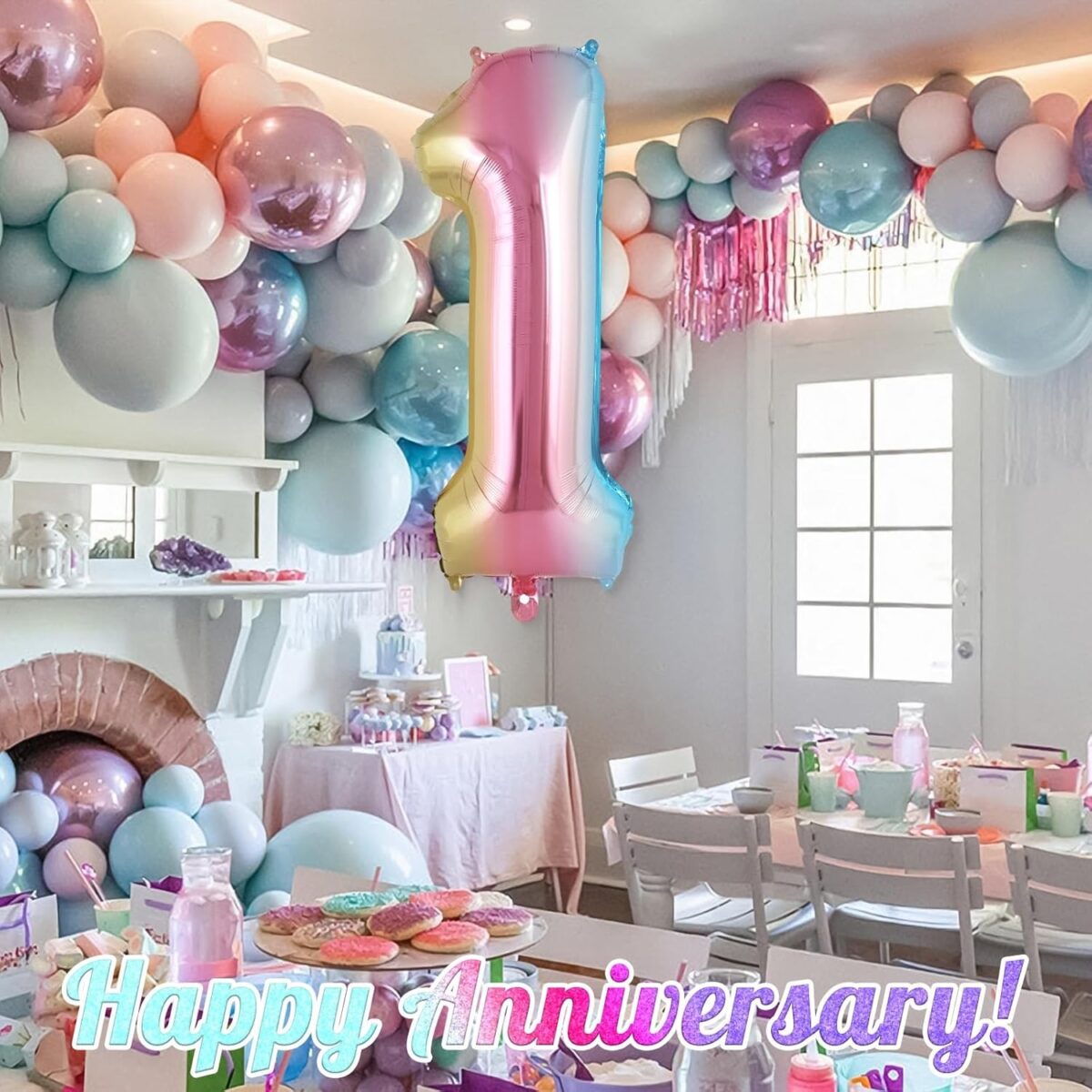 Balon din Folie Metalizata Embo, Figurina Cifra Gradient, Tema Aniversare 40 cm, Ambalaj Individual, Pai inclus, Umflare cu Aer sau Heliu, Multicolor, Cifra 1 - imagine 2
