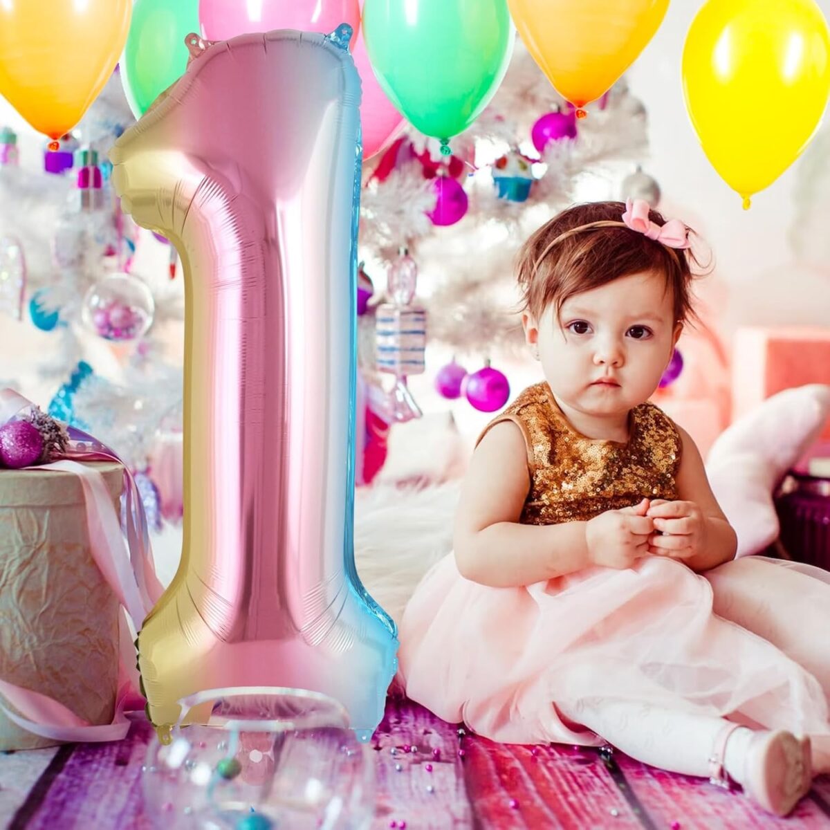 Balon din Folie Metalizata Embo, Figurina Cifra Gradient, Tema Aniversare 40 cm, Ambalaj Individual, Pai inclus, Umflare cu Aer sau Heliu, Multicolor, Cifra 1 - imagine 4