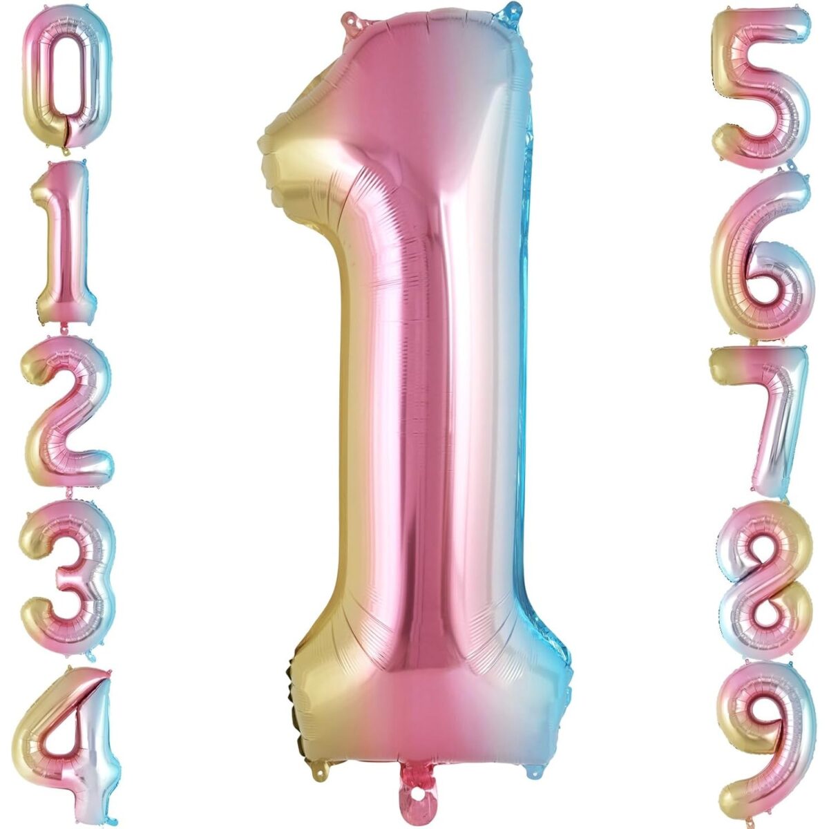 Balon din Folie Metalizata Embo, Figurina Cifra Gradient, Tema Aniversare 40 cm, Ambalaj Individual, Pai inclus, Umflare cu Aer sau Heliu, Multicolor, Cifra 1 - imagine 6