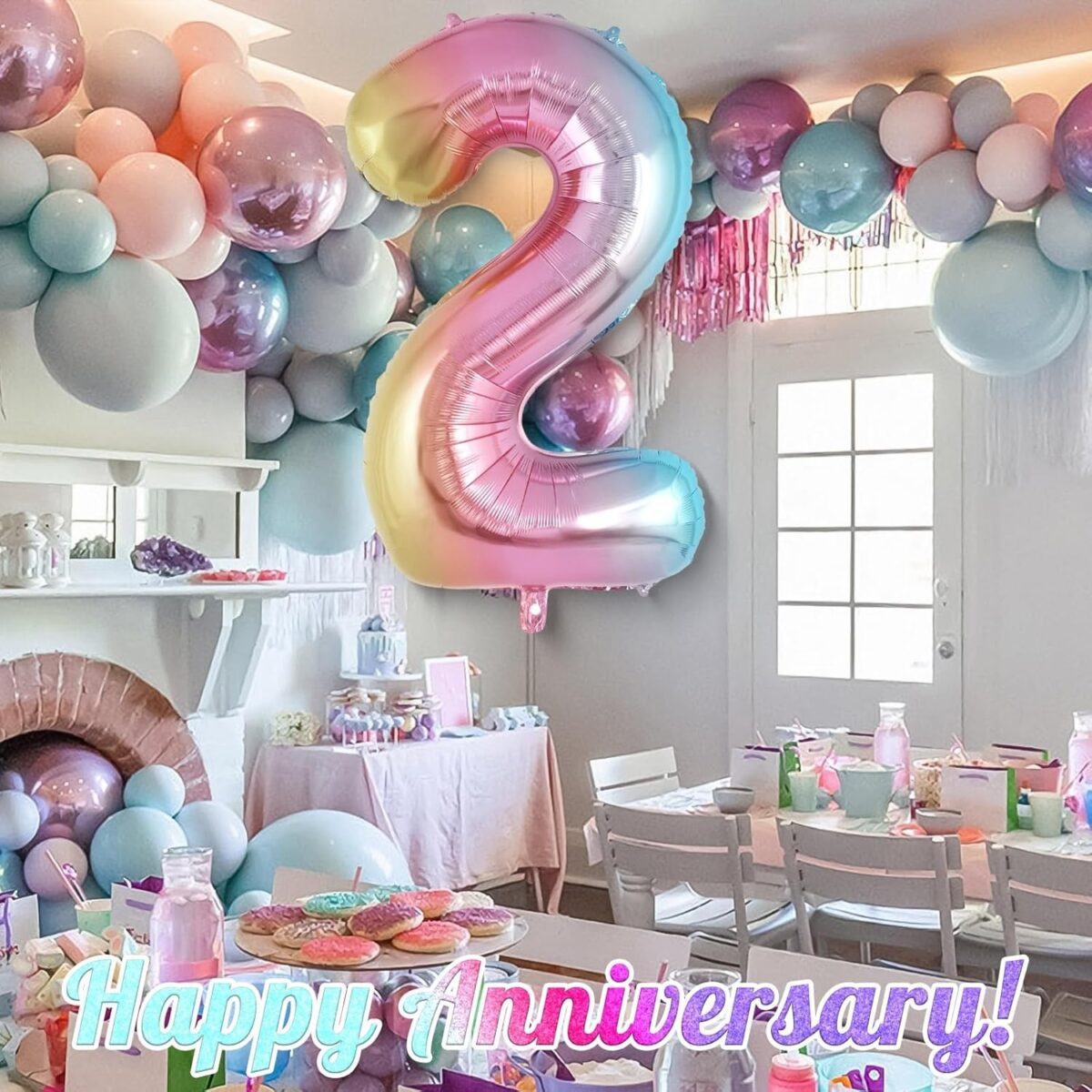 Balon din Folie Metalizata Embo, Figurina Cifra Gradient, Tema Aniversare 40 cm, Ambalaj Individual, Pai inclus, Umflare cu Aer sau Heliu, Multicolor, Cifra 2 - imagine 2