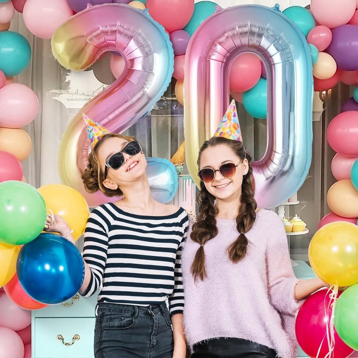 Balon din Folie Metalizata Embo, Figurina Cifra Gradient, Tema Aniversare 40 cm, Ambalaj Individual, Pai inclus, Umflare cu Aer sau Heliu, Multicolor, Cifra 2 - imagine 3