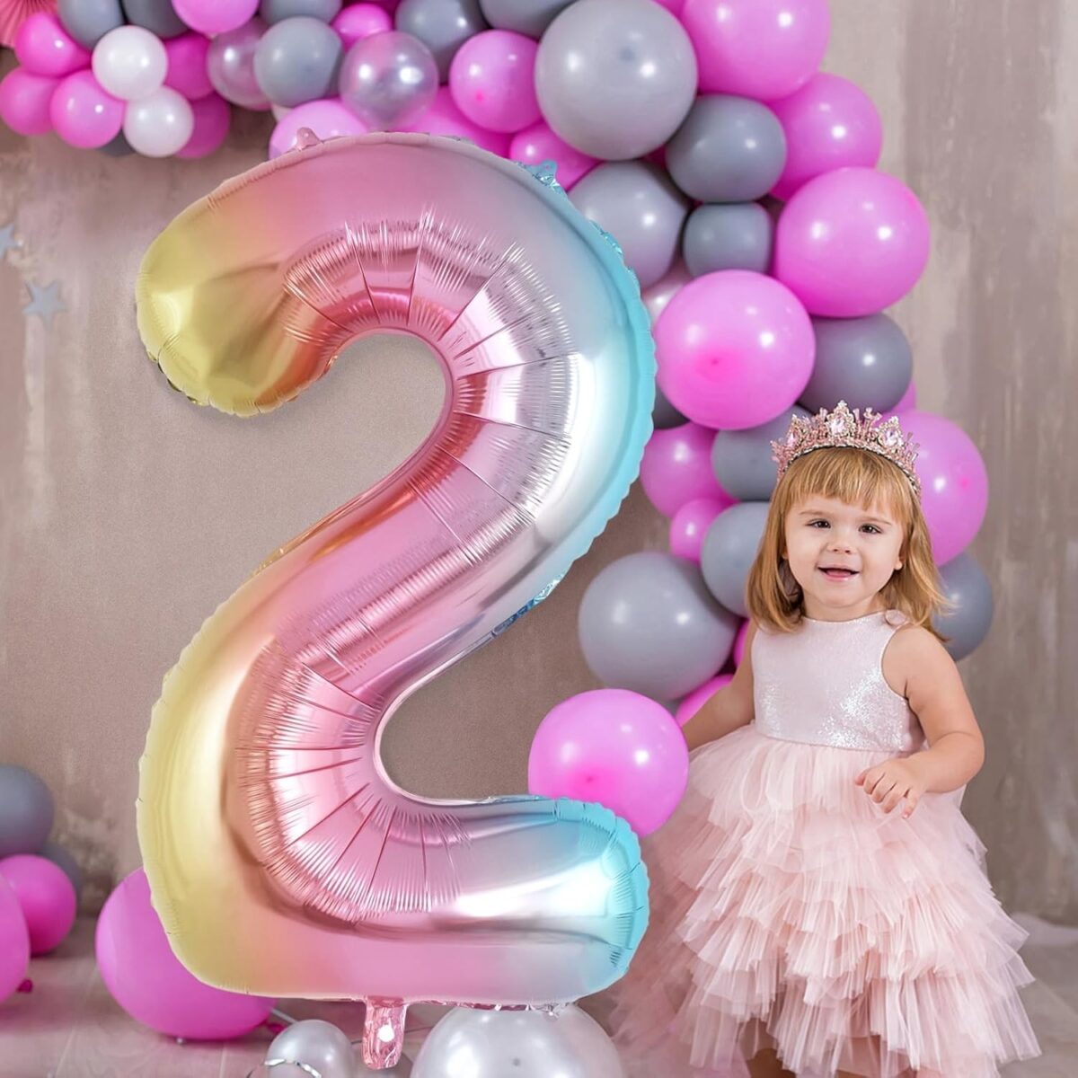 Balon din Folie Metalizata Embo, Figurina Cifra Gradient, Tema Aniversare 40 cm, Ambalaj Individual, Pai inclus, Umflare cu Aer sau Heliu, Multicolor, Cifra 2 - imagine 4