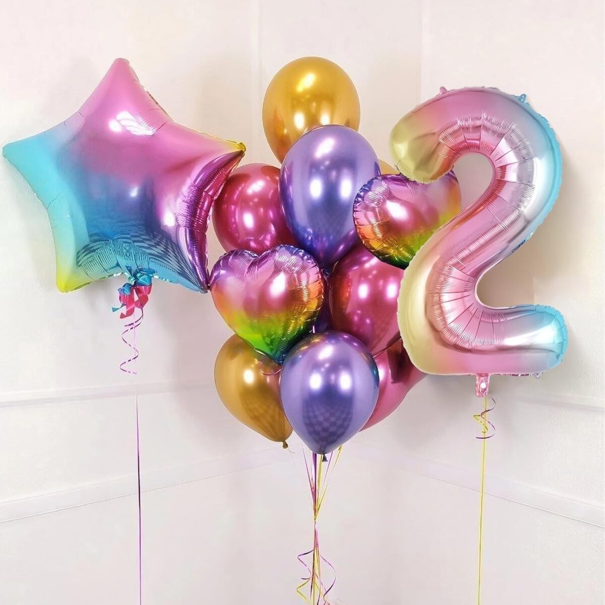 Balon din Folie Metalizata Embo, Figurina Cifra Gradient, Tema Aniversare 40 cm, Ambalaj Individual, Pai inclus, Umflare cu Aer sau Heliu, Multicolor, Cifra 2 - imagine 5