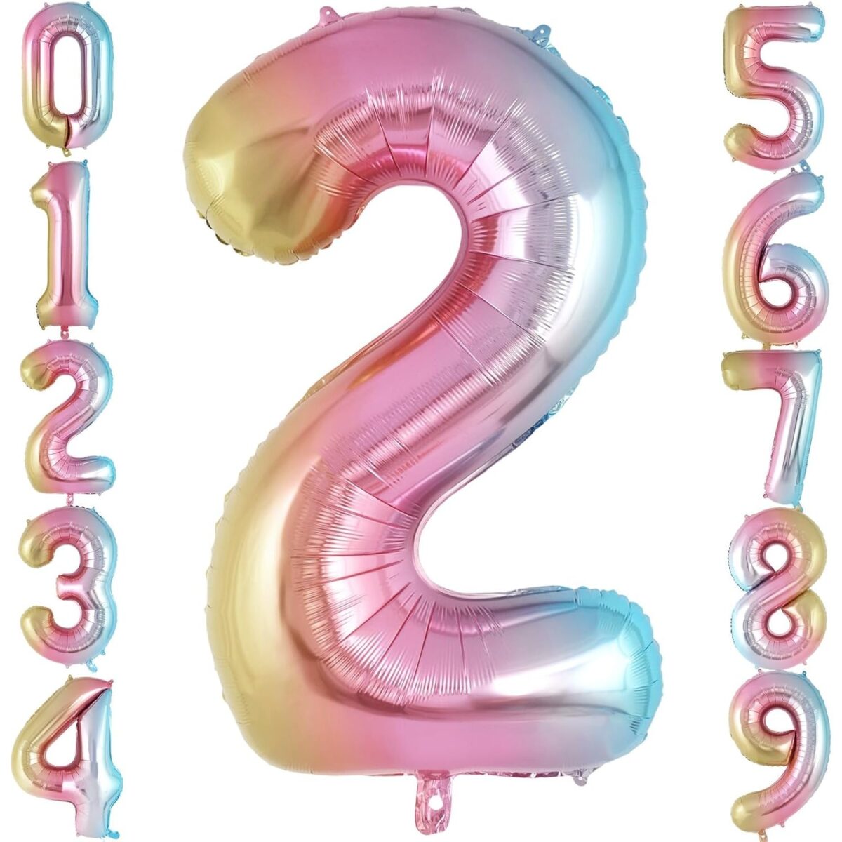 Balon din Folie Metalizata Embo, Figurina Cifra Gradient, Tema Aniversare 40 cm, Ambalaj Individual, Pai inclus, Umflare cu Aer sau Heliu, Multicolor, Cifra 2 - imagine 6