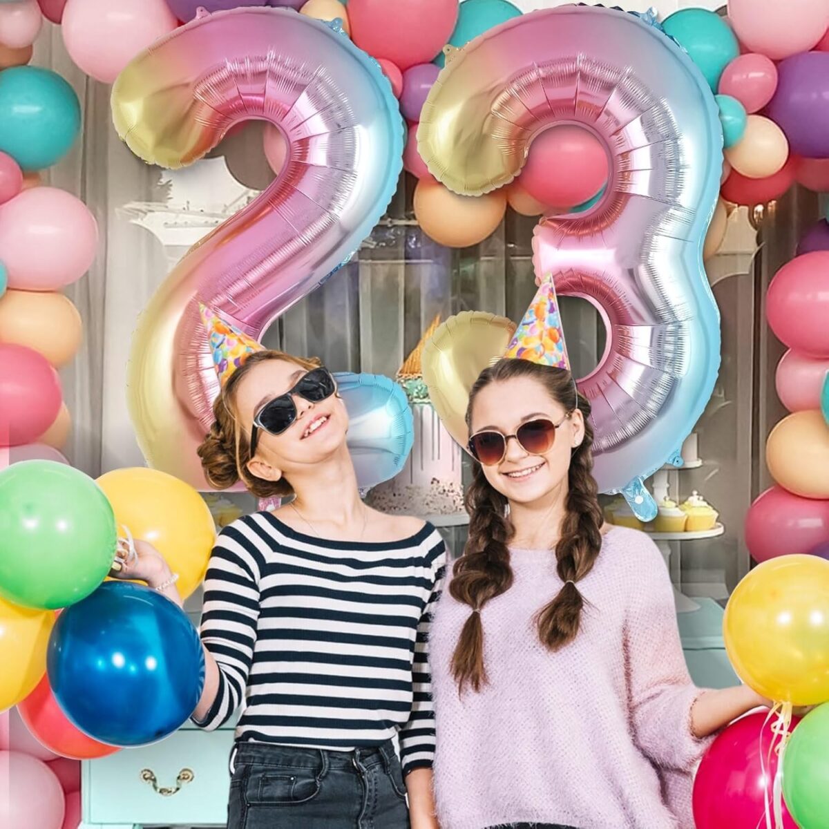 Balon din Folie Metalizata Embo, Figurina Cifra Gradient, Tema Aniversare 40 cm, Ambalaj Individual, Pai inclus, Umflare cu Aer sau Heliu, Multicolor, Cifra 3 - imagine 2