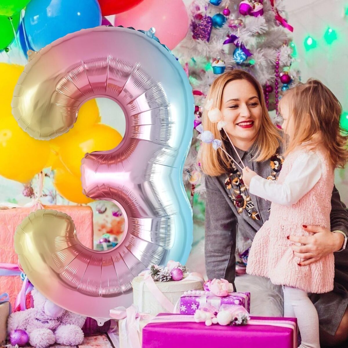 Balon din Folie Metalizata Embo, Figurina Cifra Gradient, Tema Aniversare 40 cm, Ambalaj Individual, Pai inclus, Umflare cu Aer sau Heliu, Multicolor, Cifra 3 - imagine 3
