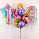 Balon din Folie Metalizata Embo, Figurina Cifra Gradient, Tema Aniversare 40 cm, Ambalaj Individual, Pai inclus, Umflare cu Aer sau Heliu, Multicolor, Cifra 3 - imagine 4