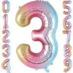 Balon din Folie Metalizata Embo, Figurina Cifra Gradient, Tema Aniversare 40 cm, Ambalaj Individual, Pai inclus, Umflare cu Aer sau Heliu, Multicolor, Cifra 3 - imagine 6