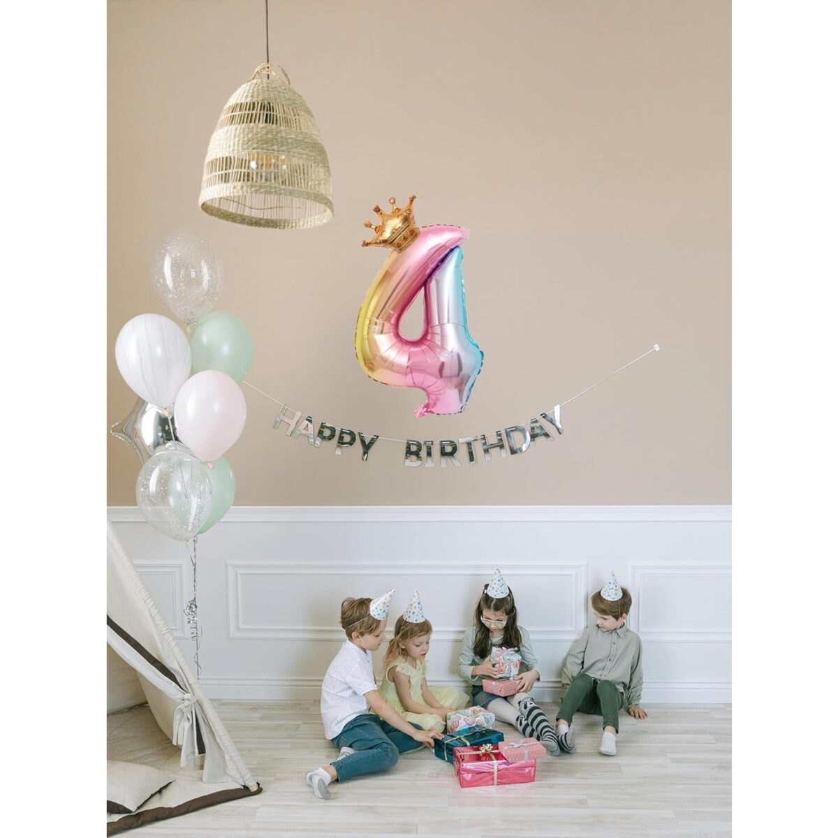 Balon din Folie Metalizata, Embo, Figurina Cifra Gradient, Tema Aniversare 80 cm, Ambalaj Individual, Pai inclus, Umflare cu Aer sau Heliu, Coronita, Cifra 4 - imagine 3