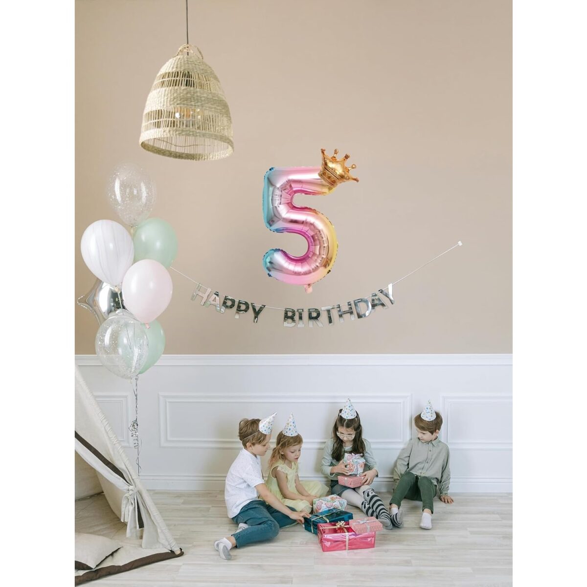 Balon din Folie Metalizata, Embo, Figurina Cifra Gradient, Tema Aniversare 80 cm, Ambalaj Individual, Pai inclus, Umflare cu Aer sau Heliu, Coronita, Cifra 5 - imagine 5