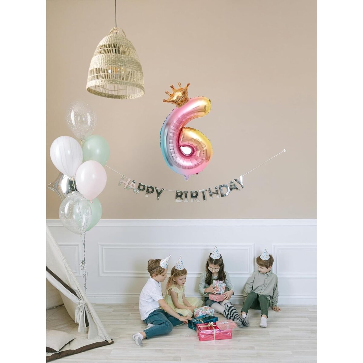 Balon din Folie Metalizata, Embo, Figurina Cifra Gradient, Tema Aniversare 80 cm, Ambalaj Individual, Pai inclus, Umflare cu Aer sau Heliu, Coronita, Cifra 6 - imagine 3