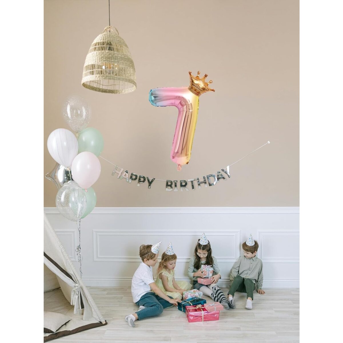 Balon din Folie Metalizata, Embo, Figurina Cifra Gradient, Tema Aniversare 80 cm, Ambalaj Individual, Pai inclus, Umflare cu Aer sau Heliu, Coronita, Cifra 7 - imagine 3