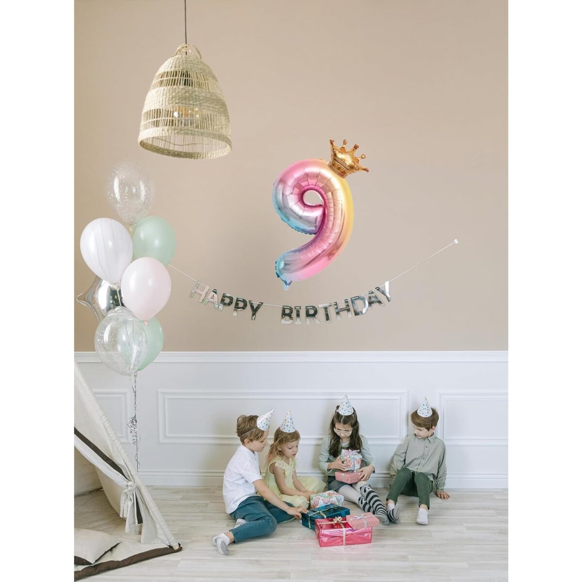 Balon din Folie Metalizata, Embo, Figurina Cifra Gradient, Tema Aniversare 80 cm, Ambalaj Individual, Pai inclus, Umflare cu Aer sau Heliu, Coronita, Cifra 9 - imagine 3