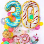 Balon din Folie Metalizata Embo, Figurina Cifra, Imprimeu Gogosi, Tema Aniversare 100 cm, Ambalaj Individual, Pai inclus, Umflare cu Aer sau Heliu, Multicolor, Cifra 0 - imagine 5