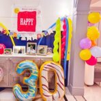 Balon din Folie Metalizata Embo, Figurina Cifra, Imprimeu Gogosi, Tema Aniversare 100 cm, Ambalaj Individual, Pai inclus, Umflare cu Aer sau Heliu, Multicolor, Cifra 0 - imagine 7