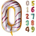Balon din Folie Metalizata Embo, Figurina Cifra, Imprimeu Gogosi, Tema Aniversare 100 cm, Ambalaj Individual, Pai inclus, Umflare cu Aer sau Heliu, Multicolor, Cifra 0 - imagine 8