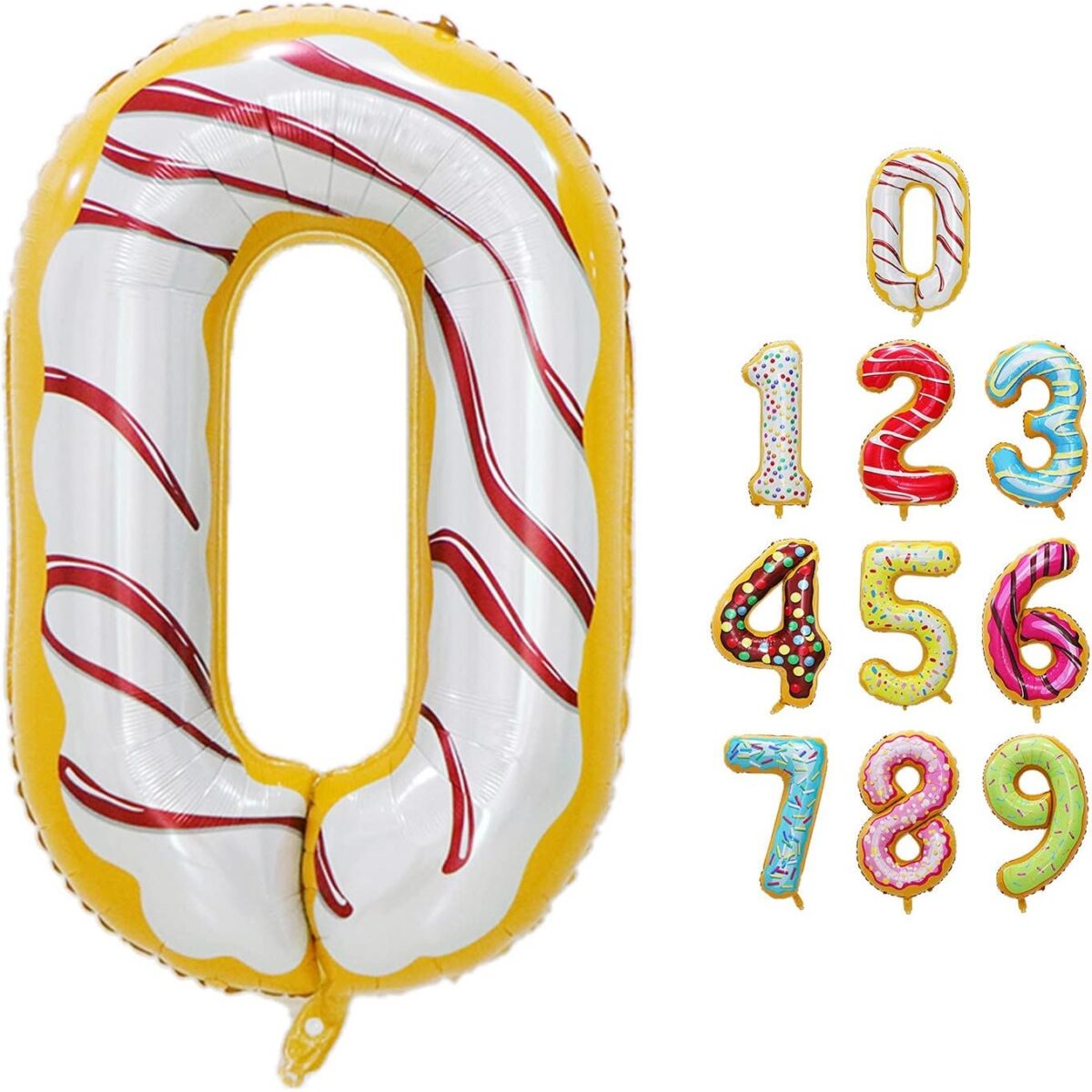 Balon din Folie Metalizata Embo, Figurina Cifra, Imprimeu Gogosi, Tema Aniversare 100 cm, Ambalaj Individual, Pai inclus, Umflare cu Aer sau Heliu, Multicolor, Cifra 0 - imagine 11