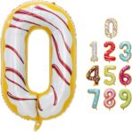 Balon din Folie Metalizata Embo, Figurina Cifra, Imprimeu Gogosi, Tema Aniversare 100 cm, Ambalaj Individual, Pai inclus, Umflare cu Aer sau Heliu, Multicolor, Cifra 0 - imagine 11